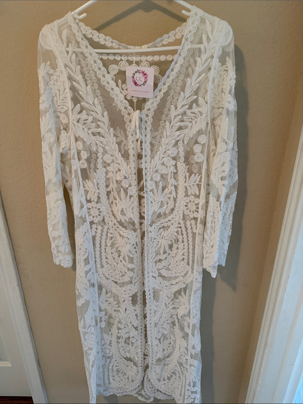 One size White Boho Embroidered Lace Duster Cover-Up